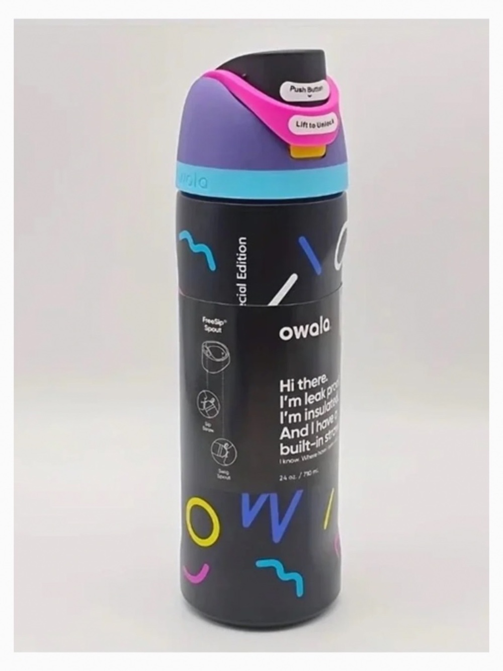 Owala mix tape birthday bash black neon Leak-Proof Insulated Water Bottle 32oz